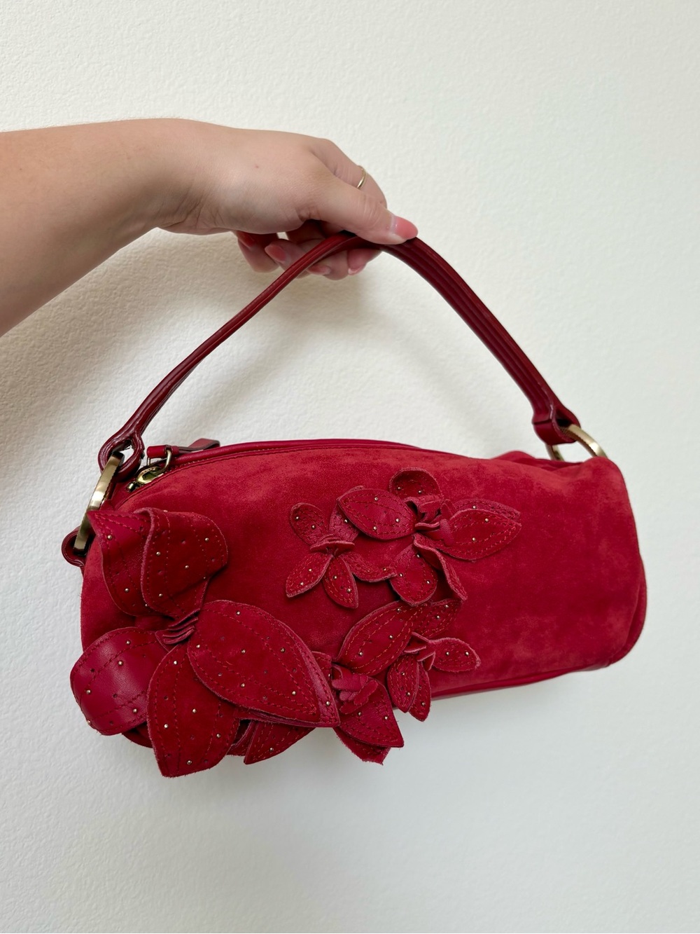 Vintage Suede & Leather Ann Taylor Gold Hardware Flower Appliqué Red Purse